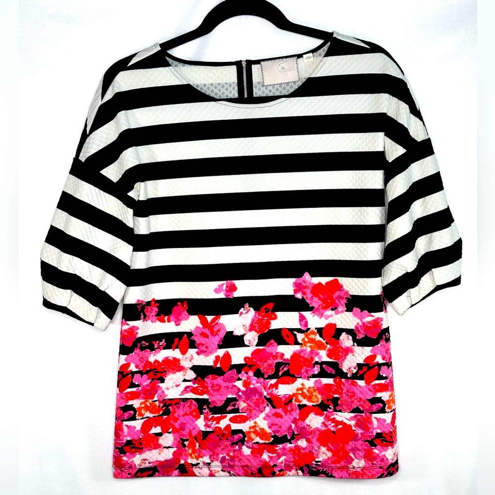Anthropologie Black & White Striped Tunic with Pink Floral Hem
